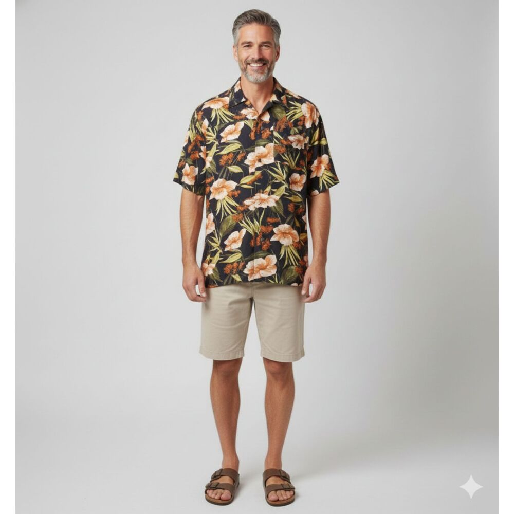 Jos A Bank Silk Button Up Floral Tropical Relaxed Vacation Island Shirt Sz L